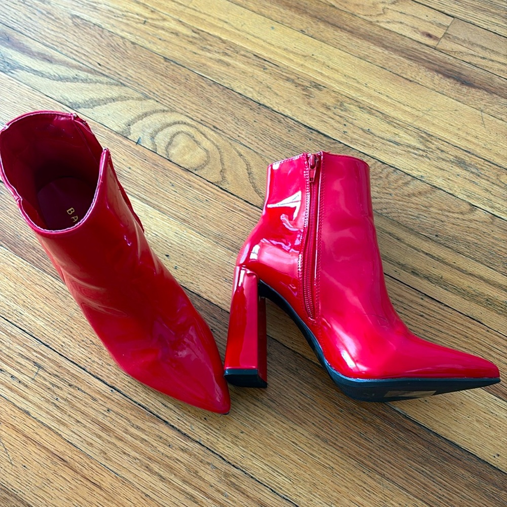 Red Glossy Pointed Toe Heeled Booties NWOT
